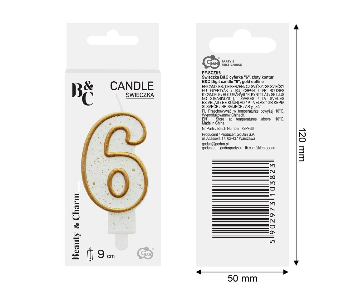 Digit candle "6", gold outline, 8 cm